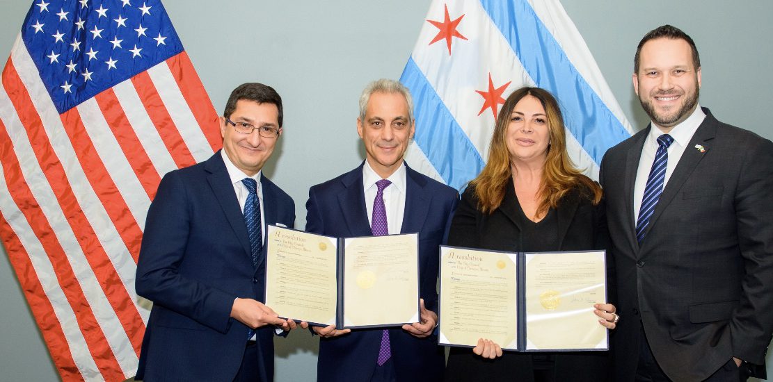 Consul General in Chicago Giuseppe Finocchiaro, Major of Chicago Rahm Emanuel, Co-Chair Commission Chicago/ Milan Sister Cities International, Francesca Parvizyar and Joseph Monastero